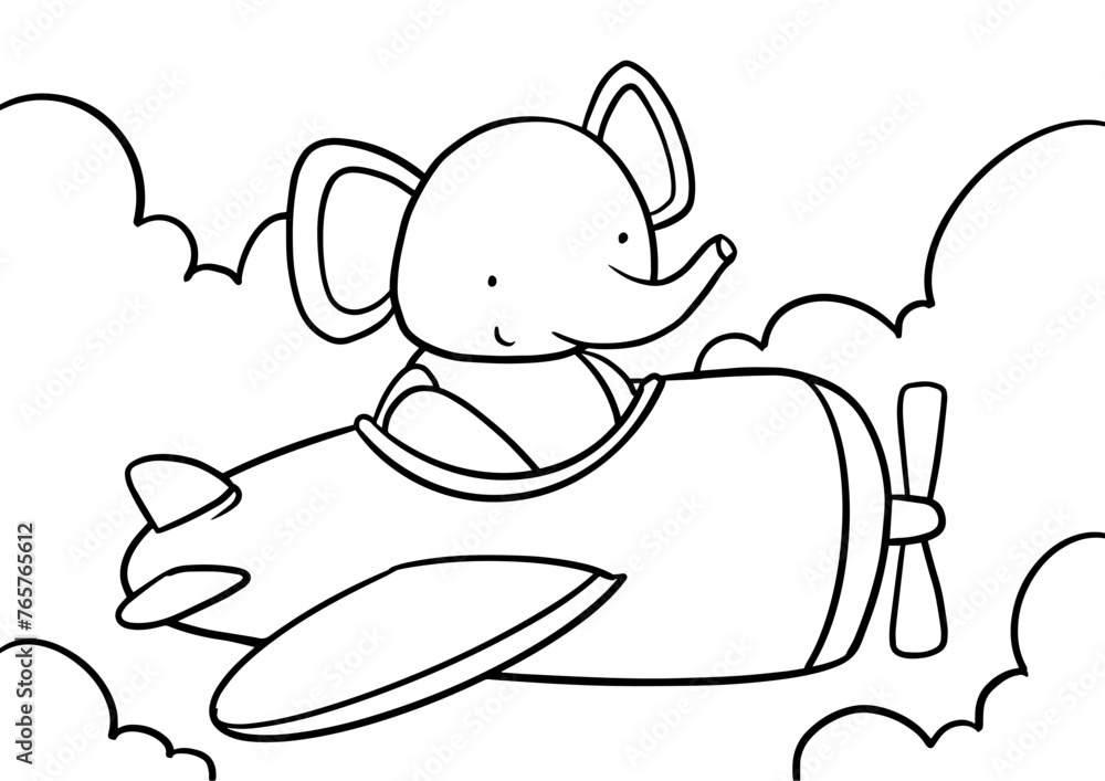 Pilot Elephant on Plane, Children Coloring Page. Printable Coloring book Outline black and white. Pilot Elephant on Plane, Children Coloring Page. Printable Coloring book Outline black and white.