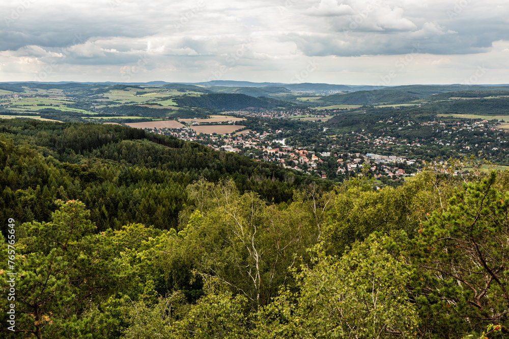 Aerial view of Berounka river valley with Revnice town, Czech Republic
