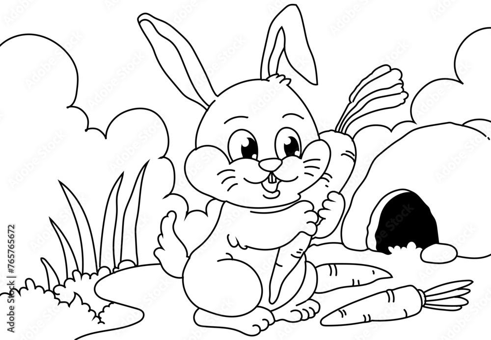 Coloring Page Outline Of cartoon cute bunny or rabbit with carrot ...