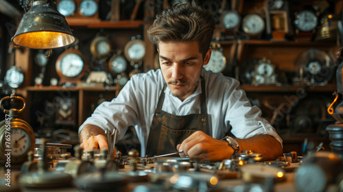 A meticulous watchmaker in a workshop the photo captures a young male artisan in a neat apron