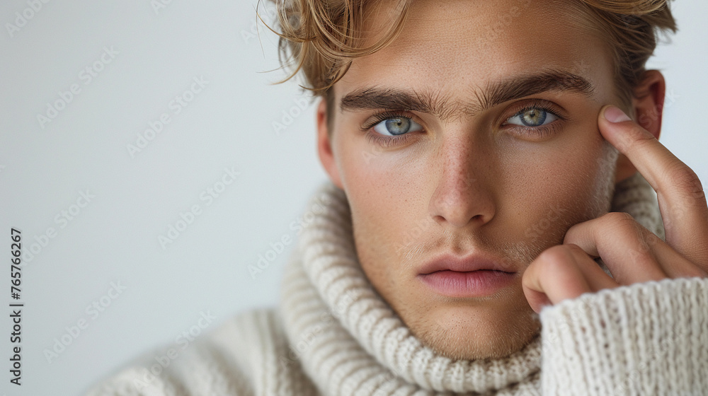 A photo of a Swedish skincare model in Stockholm with his hand elegantly positioned near his eye A photo of a Swedish skincare model in Stockholm with his hand elegantly positioned near his eye