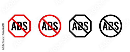 No ads icon, forbidden icon. Ad blocker symbol. Skip ads, Free, Advertisement, Red crossed circle.