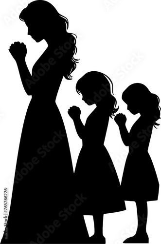 Silhouette mother and children praying, Christian praying 