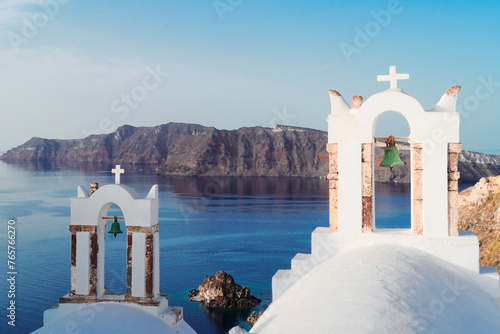 white belfries Santorini island, Greece photo