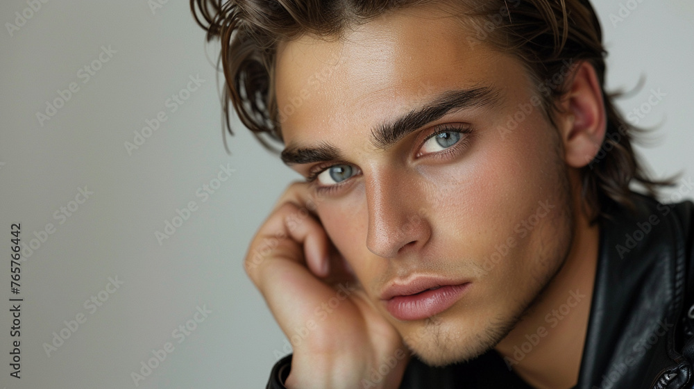 A picture of an American skincare model in New York City with his hand delicately touching his lower face