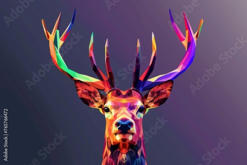 This low-poly digital art captures the grandeur of a stag, showcasing its majestic antlers in a burst of vibrant colors.
