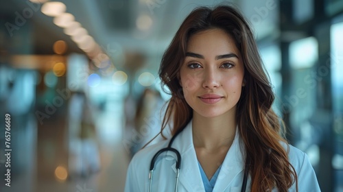 A realistic portrait of a woman doctor in a hospital wearing a stethoscope and uniform in a professional environment