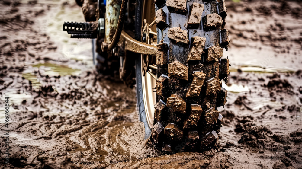 A dirty motorcycle tire is shown in mud. The tire is covered in mud and dirt, and it is in a muddy field A dirty motorcycle tire is shown in mud. The tire is covered in mud and dirt, and it is in a muddy field