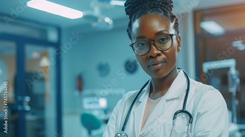 A realistic portrait of a woman doctor in a hospital wearing a stethoscope and uniform in a professional environment