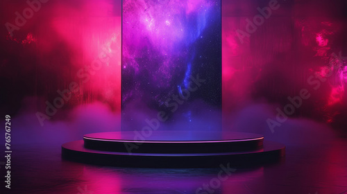 A large purple and blue screen with stars and smoke