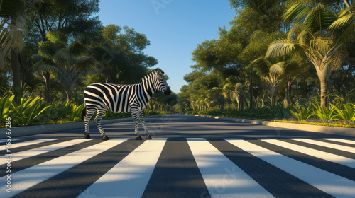 A zebra is standing on a crosswalk in front of a forest