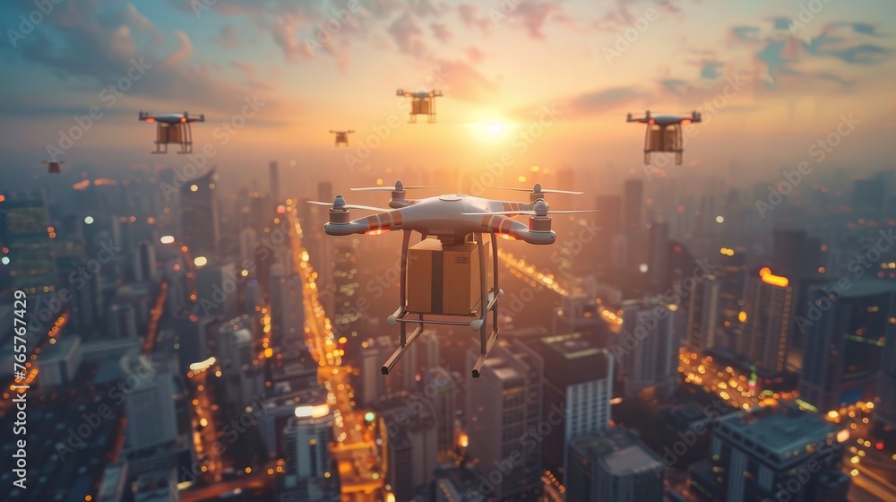 Fototapeta premium A futuristic concept of drone delivery services, with UHD drones transporting packages in urban environments
