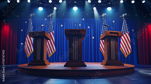 A stage with three podiums and three American flags photo