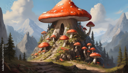 Fantasy landscape with fly agaric mushroom house. Generative AI