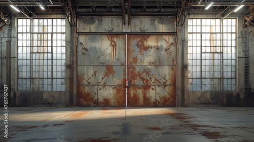A large, rusted metal door is open in a large, empty room