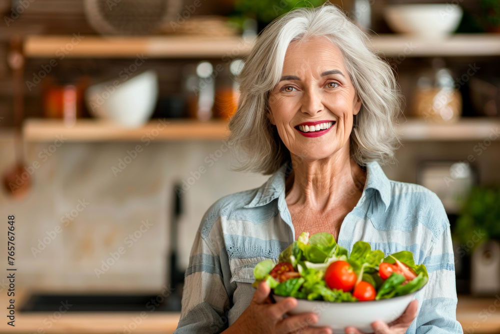 Gorgeous old woman holding a healthy vegetable salad bowl on thre kitchen. Space for text.