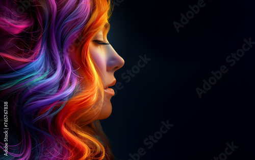 Woman with Colorful Rainbow Hair Style, Eyes Closed, Black Background Copy Space