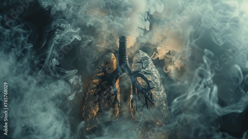 A haunting depiction of diseased lungs surrounded by thick smoke, emphasizing the frightening impact of smoking on respiratory  photo
