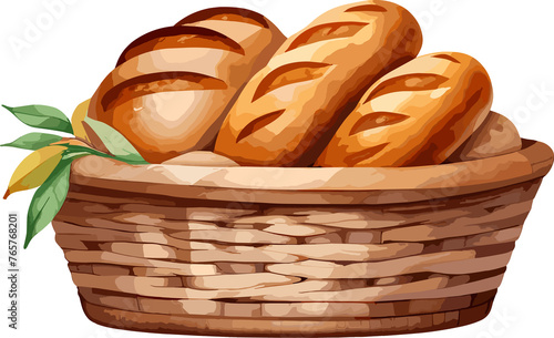 Watercolor style delicious fresh bread in wooden basket cartoon, isolated illustration png, graphic design element for picnic food, bakery, breakfast essentials, recipe, bread clipart, logo © Anchalee