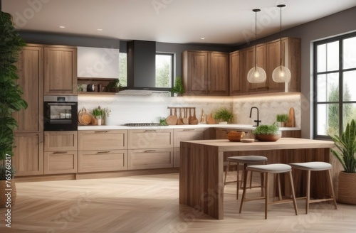 Beautiful modern kitchen room interior in loft wood style