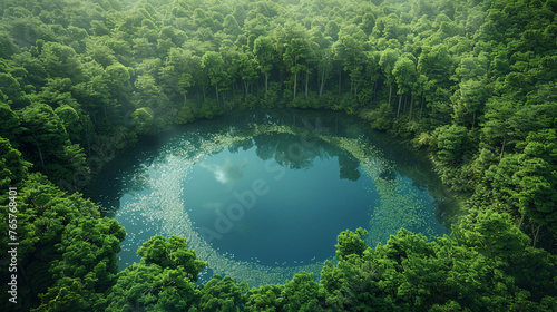 A serene pond in the shape of a CO2 emblem set in a luscious forest landscape photo
