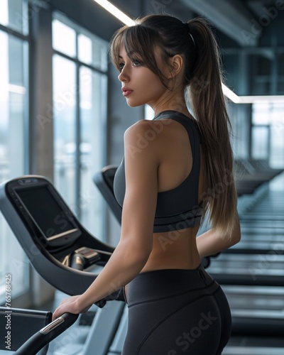 woman runs on a treadmill in a gym