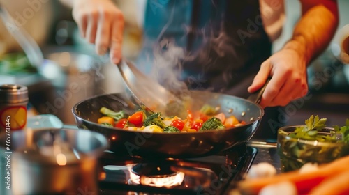Fresh Vegetables Being Stir-Fried in a Wok on a Gas Stove by a Chef