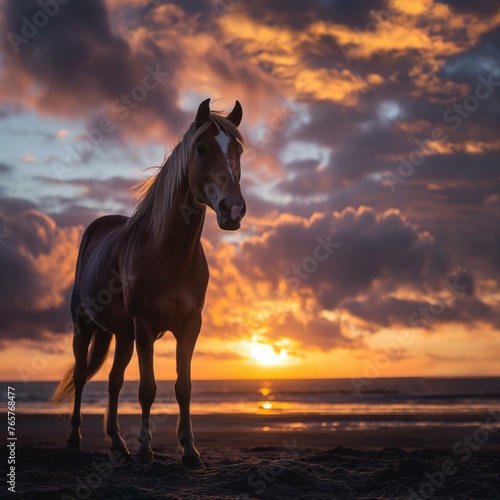 Majestic Horse Silhouette Against Fiery Sunset Sky on Beach © Qstock
