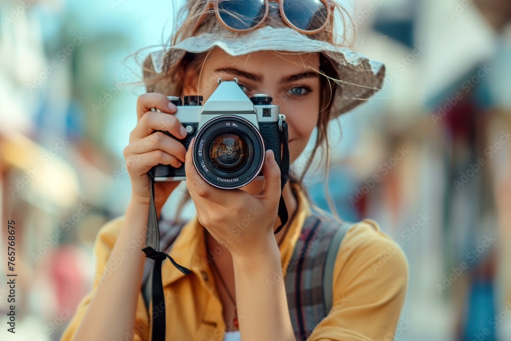 A female traveler capturing moments on the street with a camera.