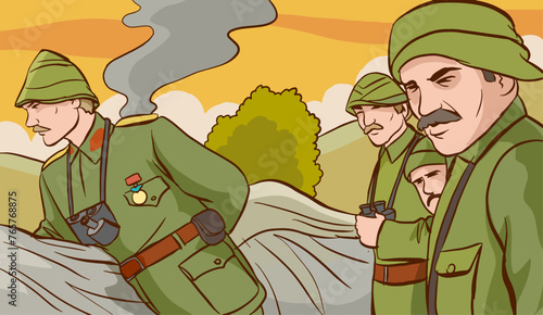 vector illustration of soldiers in the second world war.Drawings of Mustafa Kemal Ataturk in military uniform.turkish liberation war vector illustration photo
