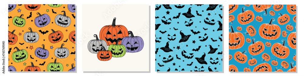 Fototapeta premium Vector Colorful Style Halloween and Thanksgiving pumpkins Repeatable and Pattern and Printable Texture Happy Halloween Trick or Treat Wallpaper Design