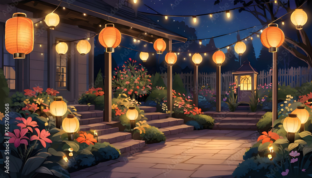 Illustration of a beautiful garden at night with lanterns and flowers. Generative AI