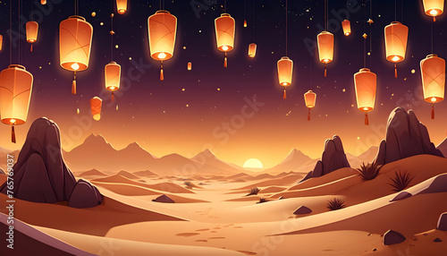 Eid Mubarak with lanterns in the desert at night. Generative AI