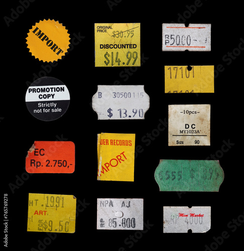 assorted old price sticker and labels. vintage price label collection © Anjar G