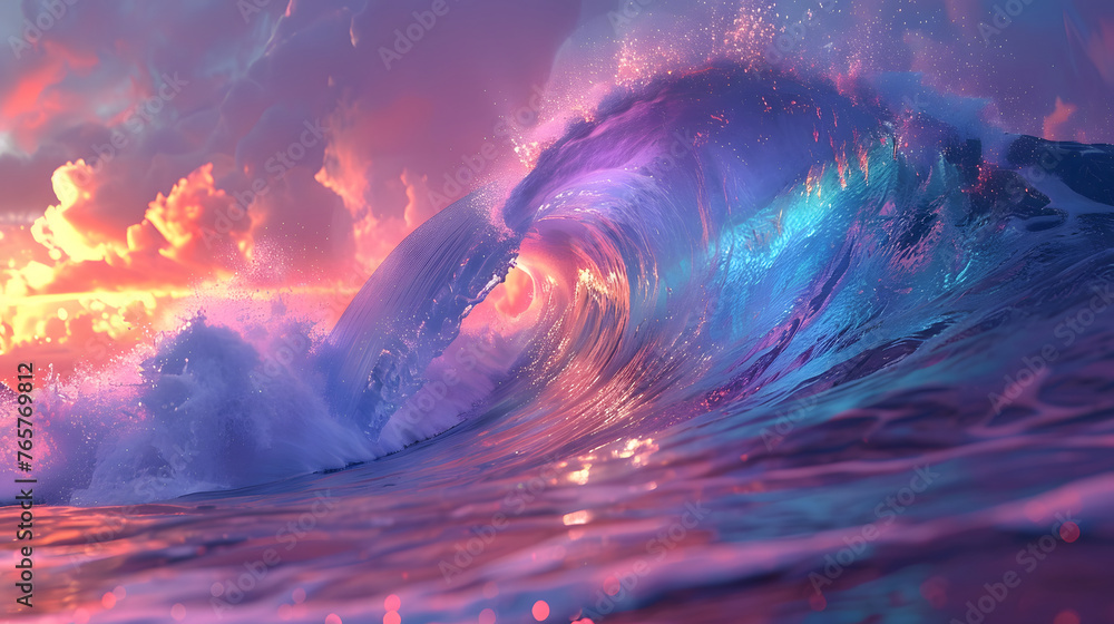 a wave in the ocean with a pink and blue color scheme. The wave is curling and has a white center. The wave appears to be made of glass. 