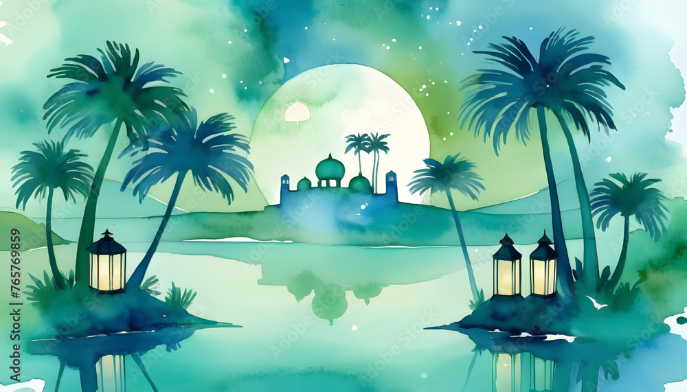 Ramadan Kareem greeting card with mosque, palm trees and moon. Generative AI