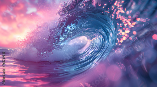 a wave in the ocean with a pink and blue color scheme. The wave is curling and has a white center. The wave appears to be made of glass. 