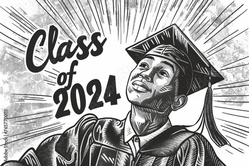 A black and white graduation illustration featuring a student wearing a cap and gown, holding a diploma, with the words 