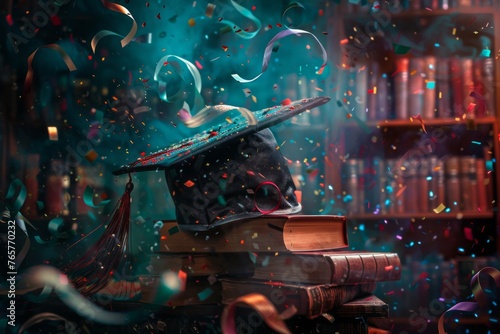 An artistic representation of a graduation cap, cascading books, and a scroll bursting with confetti and streamers.