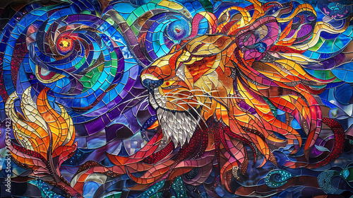 An elaborate mosaic-style illustration portrays a lion in vibrant, multicolored patterns, against a detailed background.