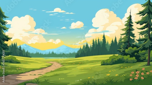 Cartoon illustration of a road in a field with mountain and clouds. A mountain with road and blue sky. mountain Landscape with Blue Sky. landscape with mountains with blue sky clouds wallpaper. 