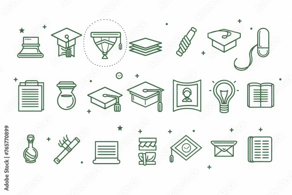 Icon set of school-related elements like a mortarboard, diploma, and degree in a modern thin line art style. Icon set of school-related elements like a mortarboard, diploma, and degree in a modern thin line art style.