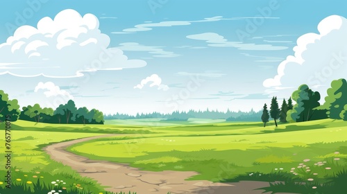 Nature Landscape with Blue Sky. Nature landscape with blue sky clouds wallpaper. Cartoon illustration of a road in a field with blue sky and clouds.