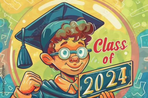 graduation illustration featuring a student wearing a cap and gown, holding a diploma, with the words "Class of 2024" written underneath. 