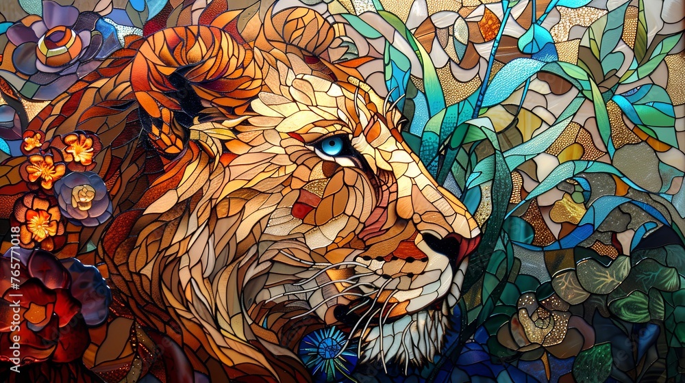 An elaborate mosaic-style illustration portrays a lion in vibrant, multicolored patterns, against a detailed background.