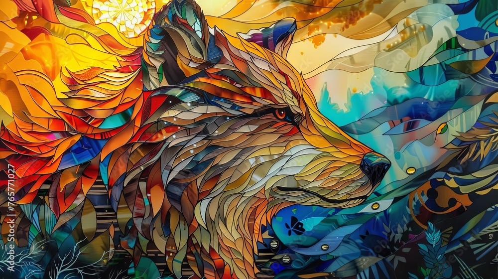 An elaborate mosaic-style illustration portrays a Fox in vibrant, multicolored patterns, against a detailed background. An elaborate mosaic-style illustration portrays a Fox in vibrant, multicolored patterns, against a detailed background.