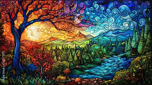 Artistic representation of a forest landscape at sunset  depicted in a colorful stained glass style with intricate details. 