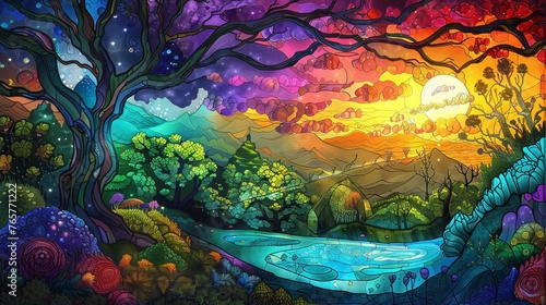 Artistic representation of a forest landscape at sunset, depicted in a colorful stained glass style with intricate details. 