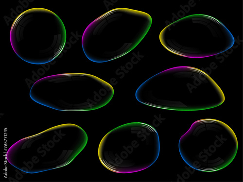 Set of transparent liquid shapes with light refraction on a dark background. Soap bubbles, 3D drops, glass.
