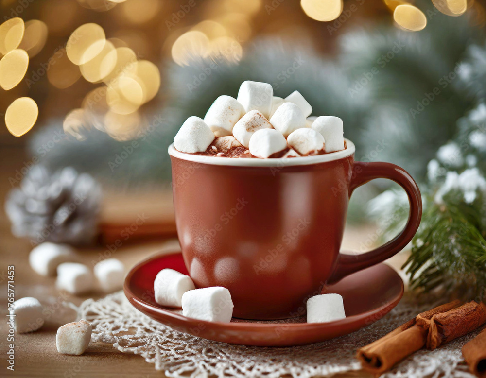 Hot chocolate with tiny marshmallows, christmas background. Hot chocolate with tiny marshmallows, christmas background.